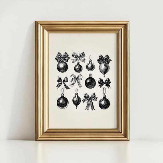 Antique Christmas Ornament Art Vintage Style Holiday Bow Illustration Minimal Black Ink Print Timeless Decor T453