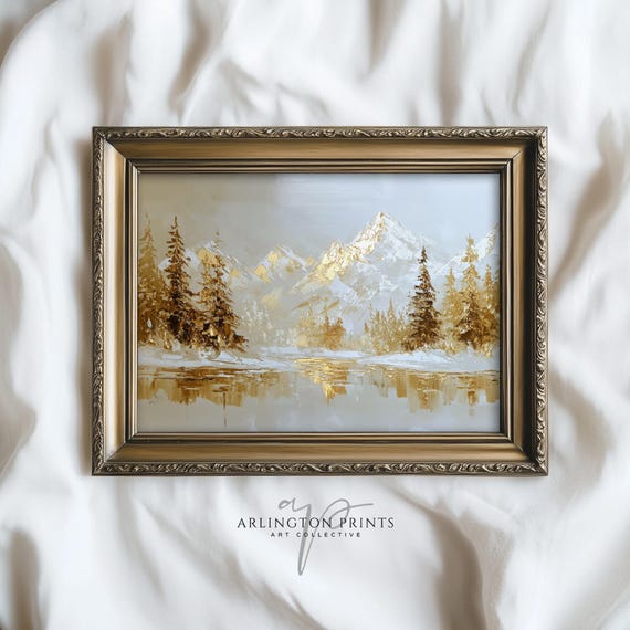 Gold Winter Mountain Landscape Wall Art Elegant Snow Scene Modern Metallic Holiday Decor Painting 5113