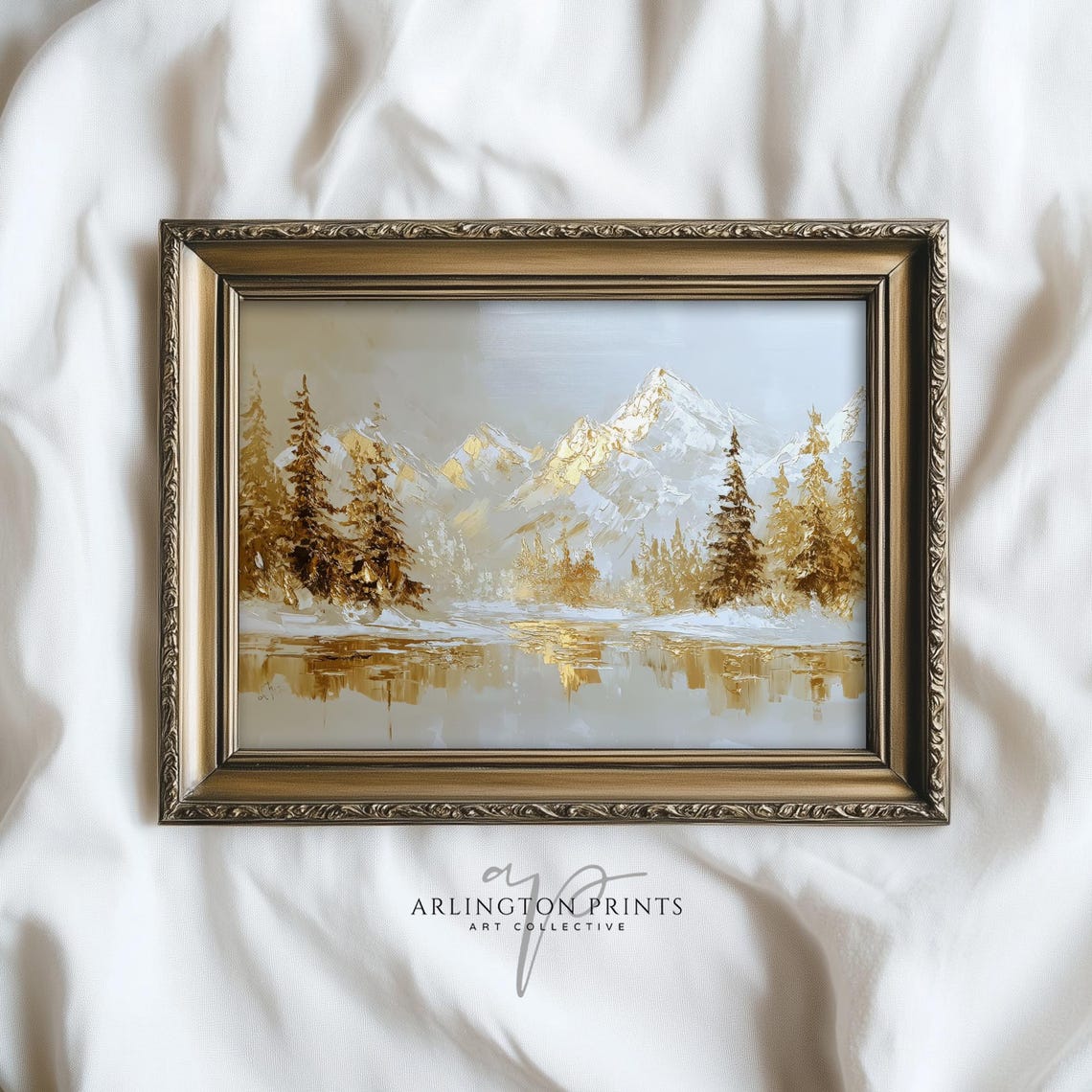 Gold Winter Mountain Landscape Snowy Peaks Lake Reflection Art Print