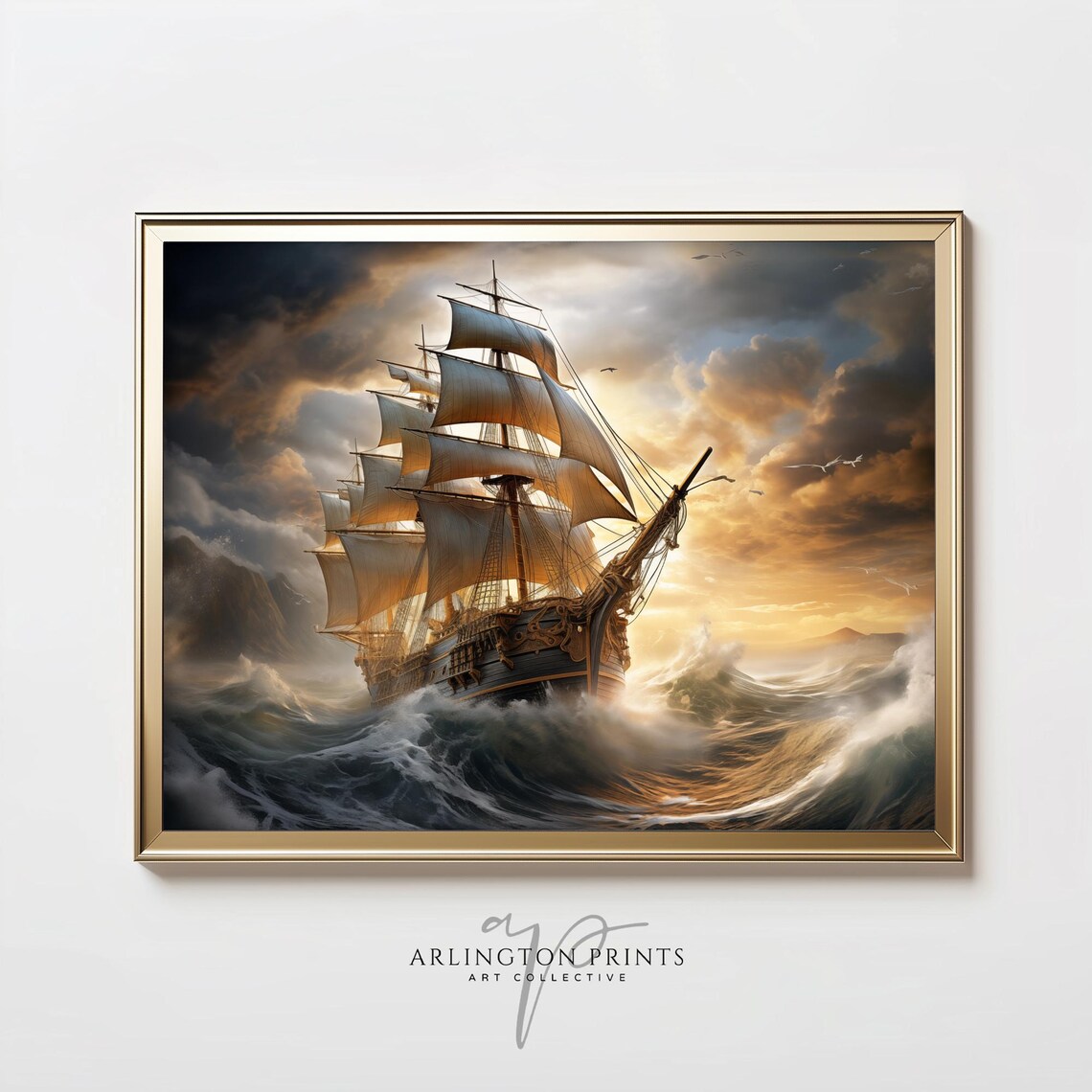 Antique Sea Ship Painting, Moody Nautical Art Print