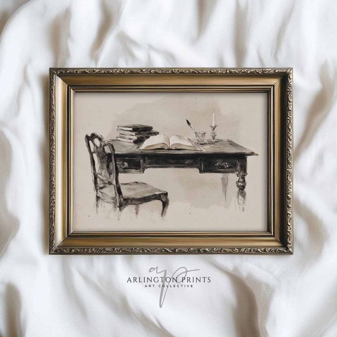 Vintage Antique Writing Desk With Books Classic Study Sketch Poster