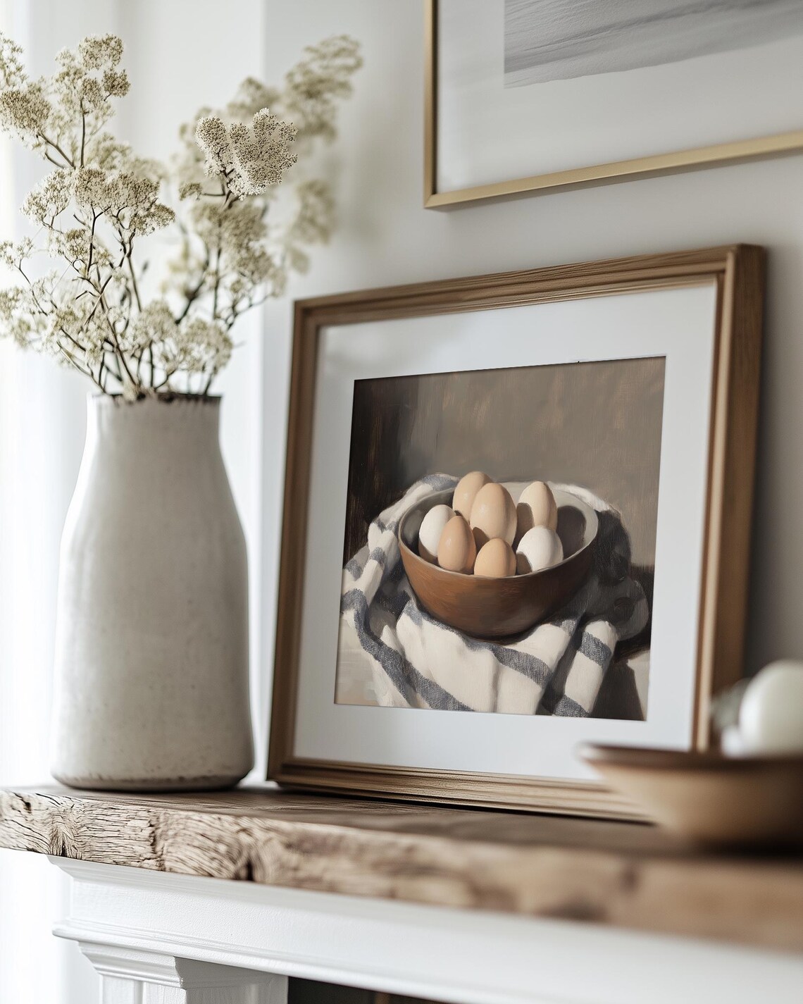 Wooden Bowl Of Farm Eggs On Striped Linen Oil Painting Poster - Image 5