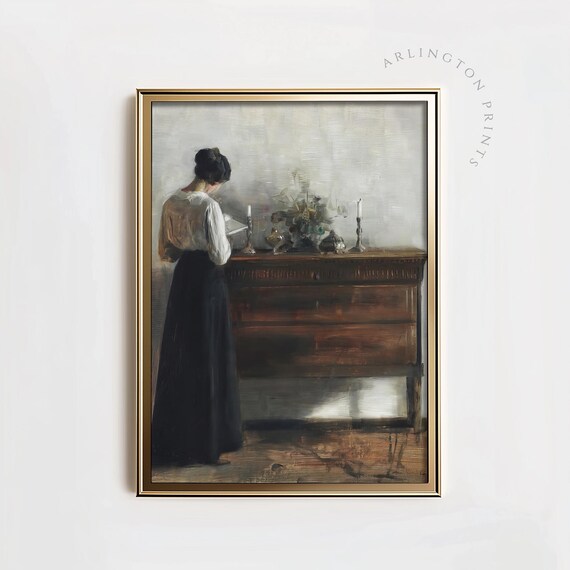 Moody Woman Reading Vintage Oil Painting Dark Academia Poster