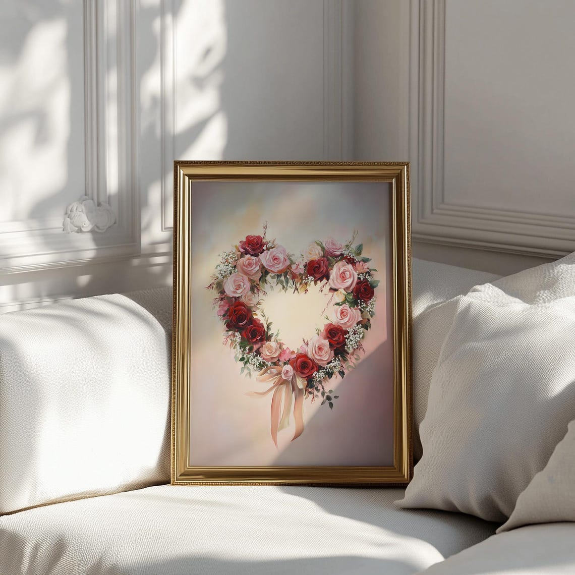 Heart Rose Wreath Ribbon Red Pink Blossoms Romantic Art Print - Image 5