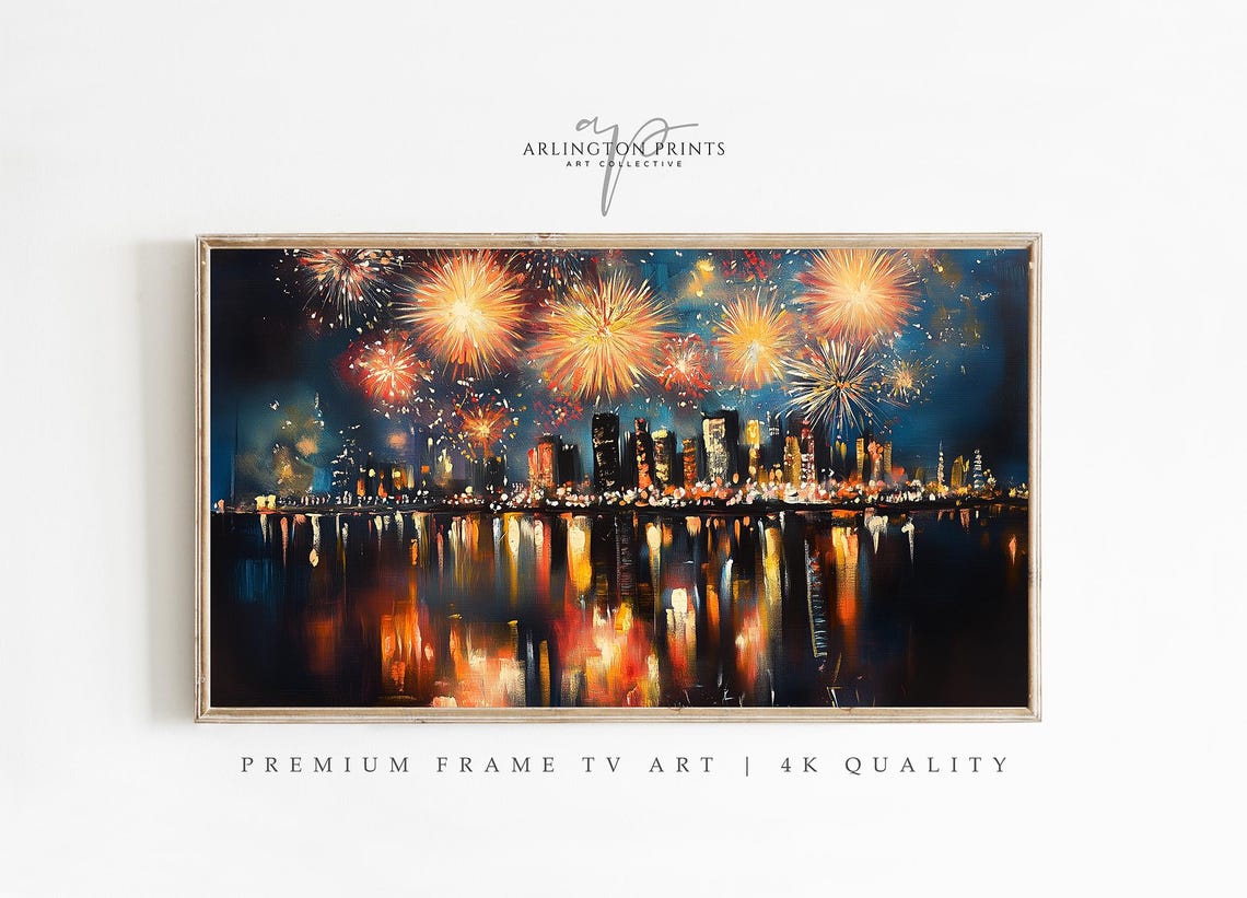 City Fireworks Night Skyline Water Reflection Celebration Poster