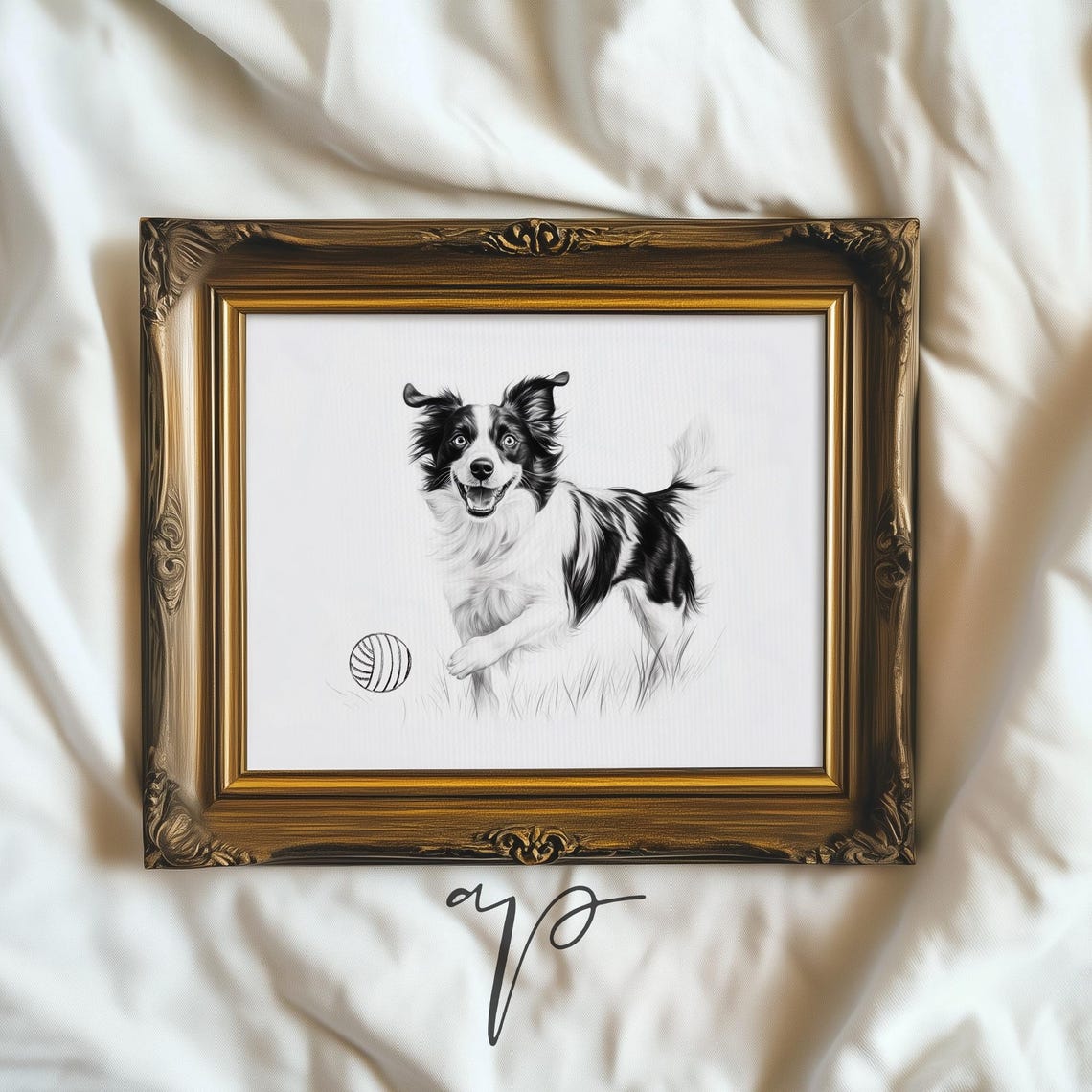 Playful Dog Sketch Black White Ink Drawing Happy Pup Ball Poster - Image 2