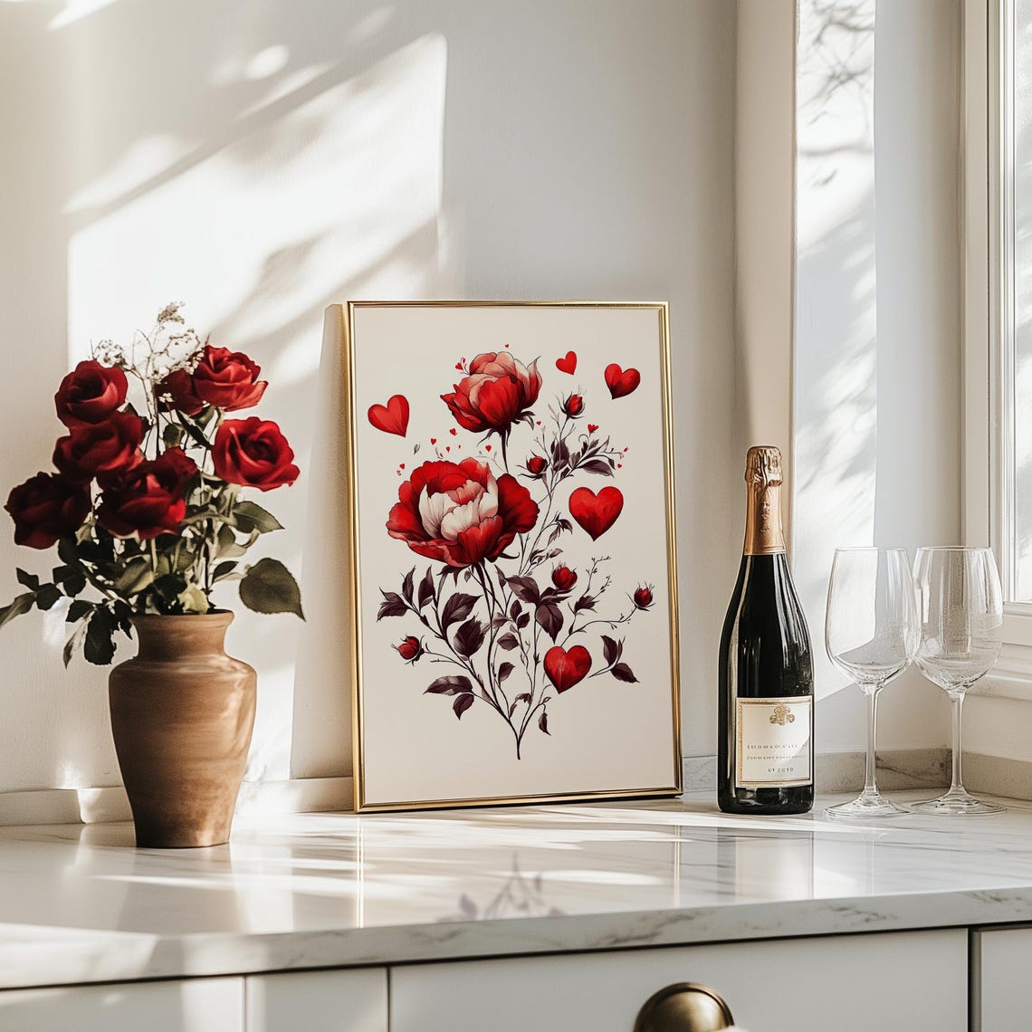 Red Roses and Hearts Bouquet Romantic Vintage Valentine Art Poster - Image 3