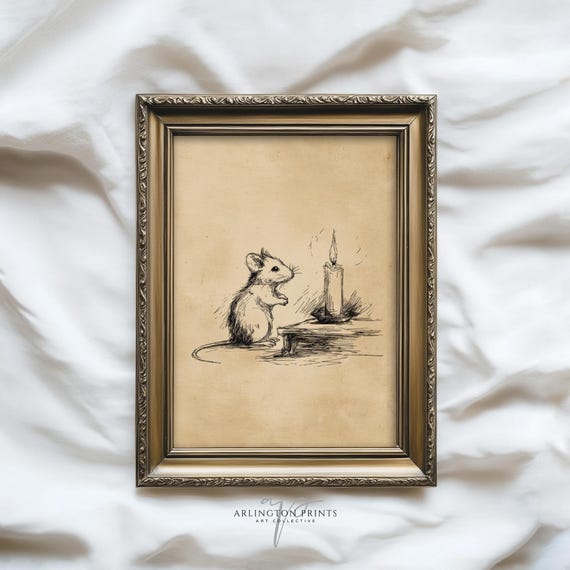 Little Mouse By Candlelight Vintage Animal Illustration Rustic Nursery Drawing Antique Wall Decor W14
