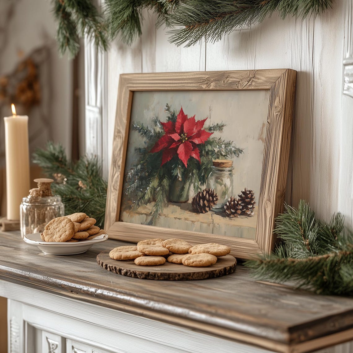 Red Poinsettia Pinecones Rustic Still Life Christmas Wall Print - Image 2