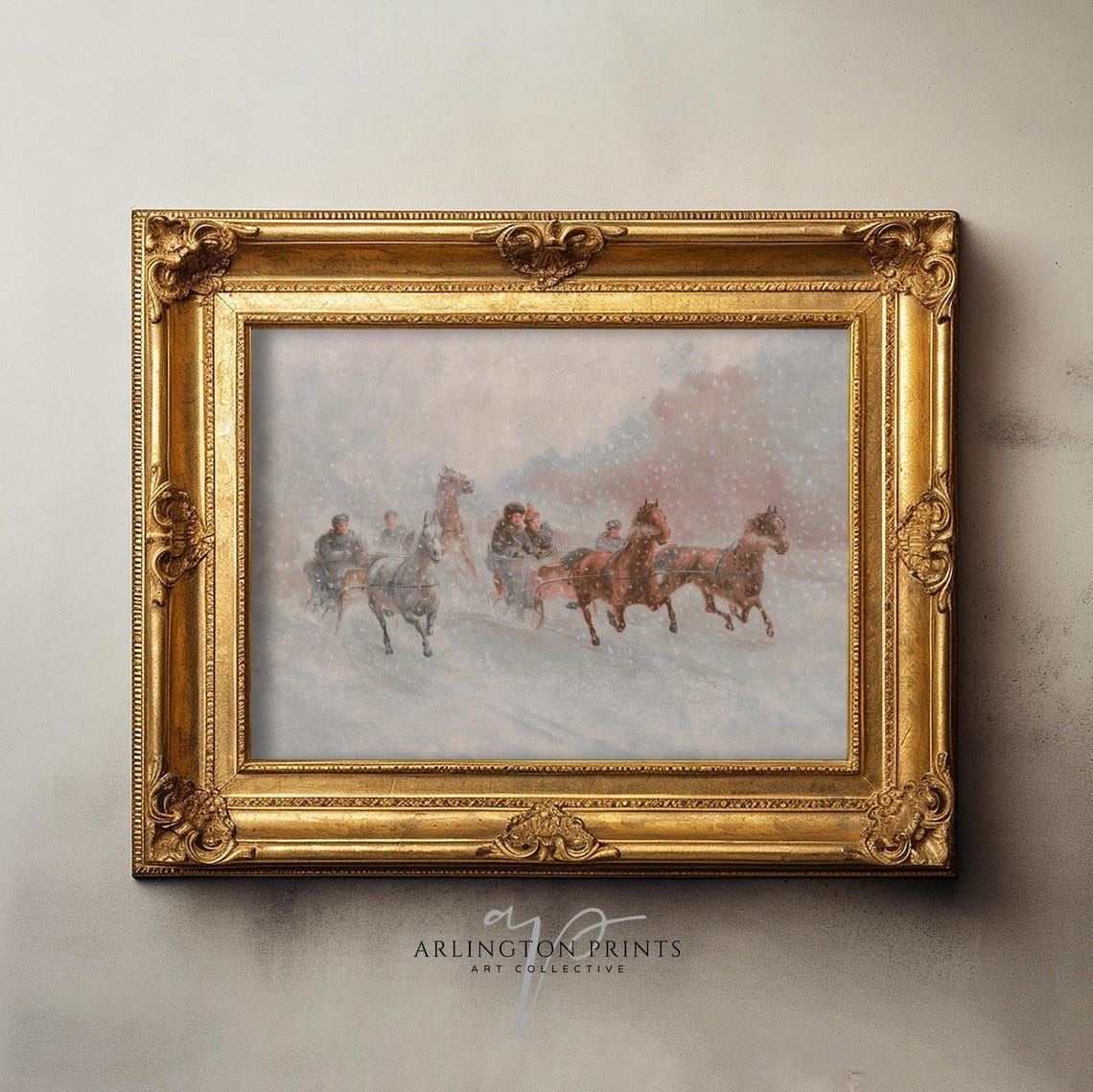 Vintage Snowy Sleigh Ride Horses Snowstorm Winter Painting Poster - Image 3