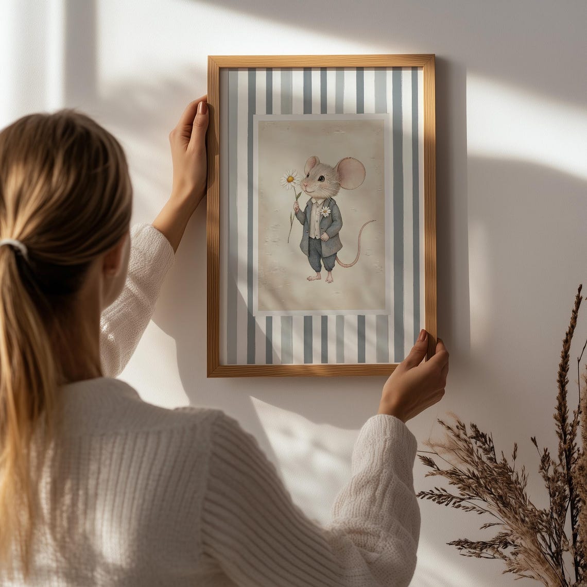 Dapper Gentleman Mouse In Gray Suit Holding Daisies Nursery Poster - Image 3