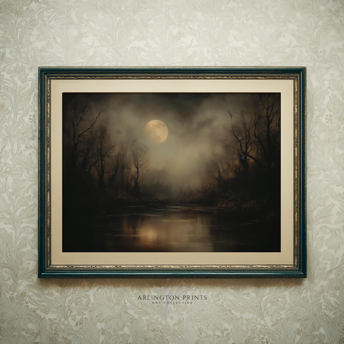 Dark Autumn Moon Art Print, Spooky Forest Reflection