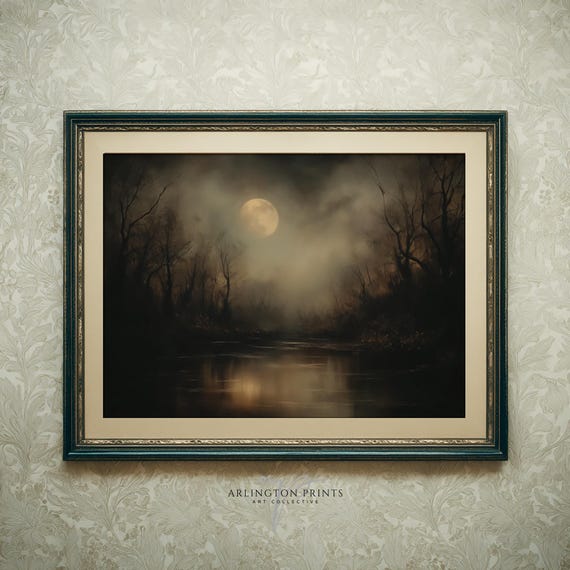 Dark Autumn Moon Art Print, Spooky Forest Reflection