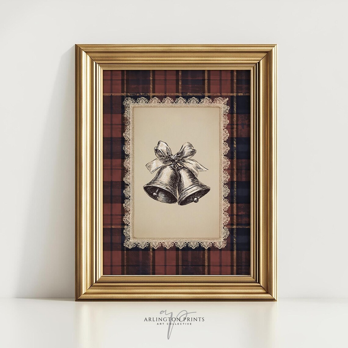 Vintage Christmas Bells Sketch Red Plaid Cozy Country Holiday Wall Art