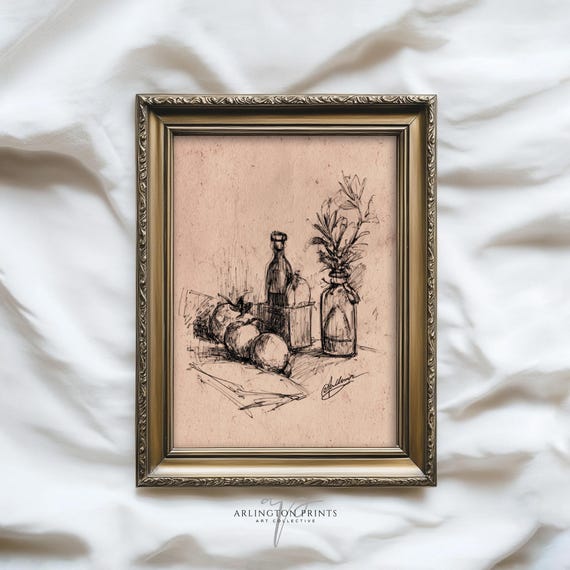 Still Life Kitchen Drawing Antique Fruit Sketch Print Rustic Vintage Wall Art Minimal Ink Illustration 5591