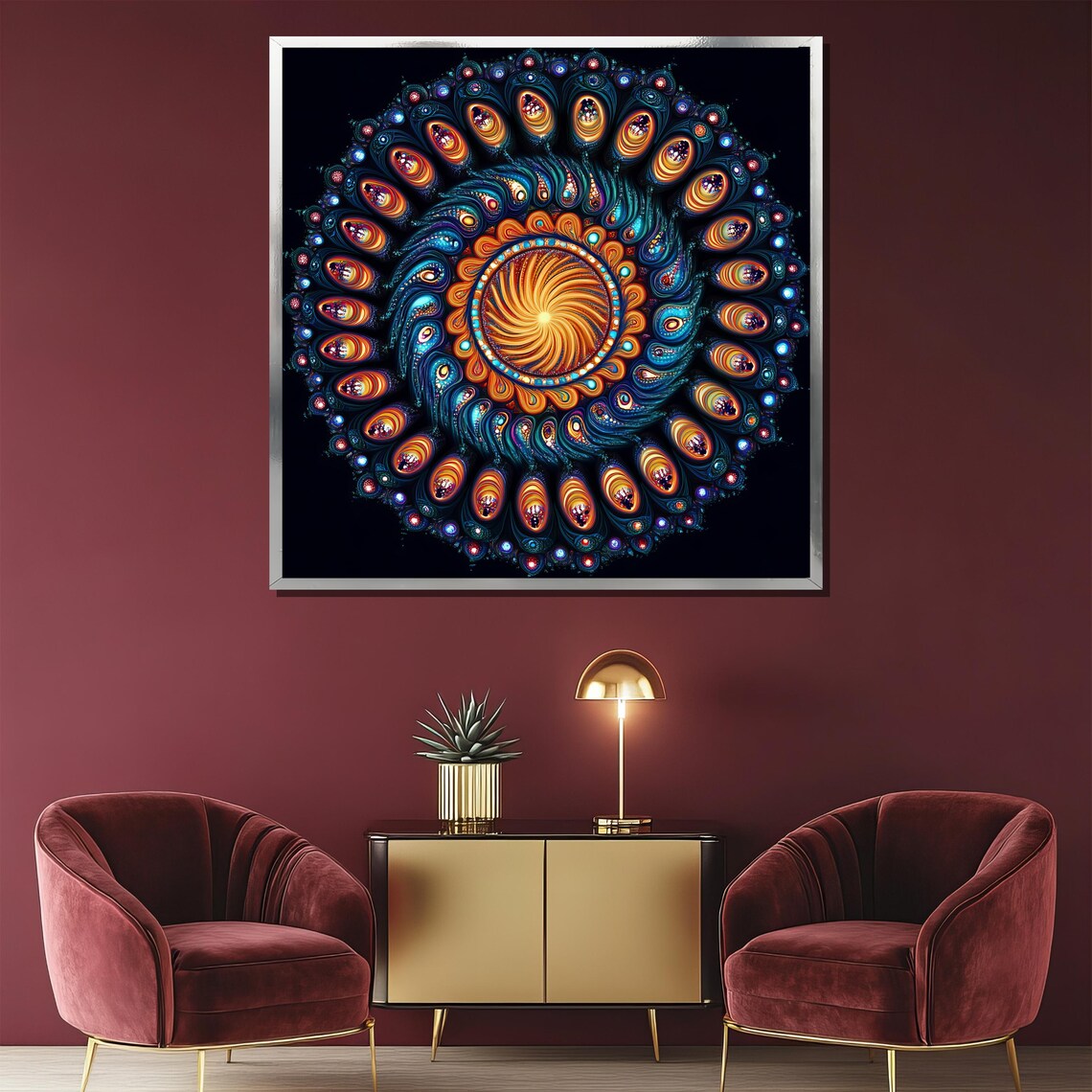 Fiery Orange and Teal Spiral Mandala with Peacock Motifs on Black Poster - Image 2