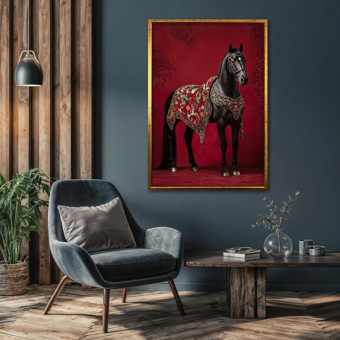Black Horse in Ornate Saddle Blanket Facing Right on Red Poster - Image 4