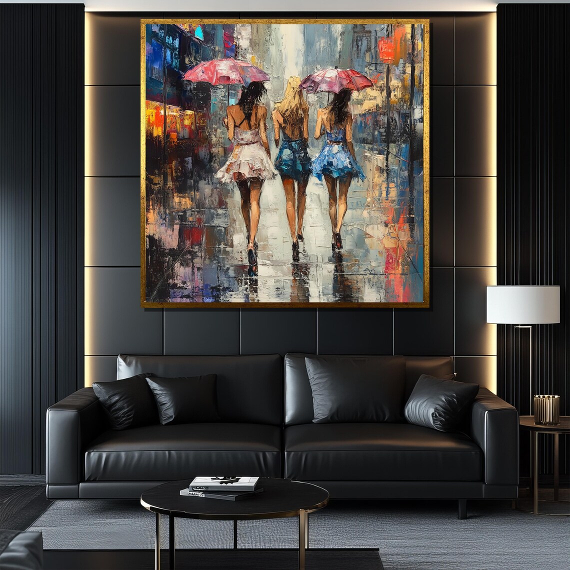 Three Women With Umbrellas Rainy Night City Street Scene Poster - Image 4