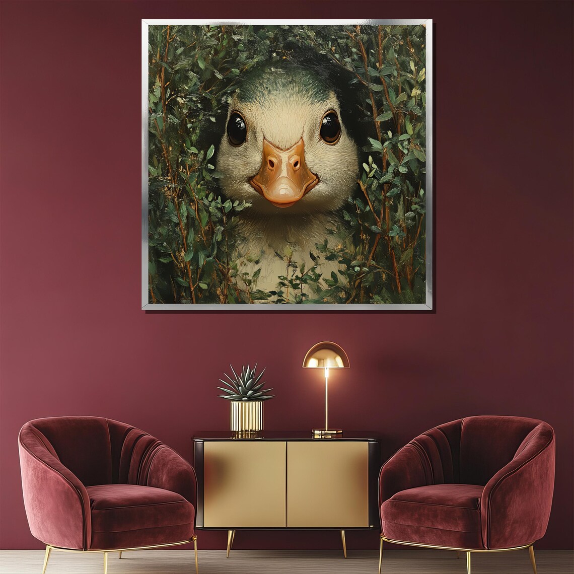 Cute Duckling Peeking Through Green Foliage Adorable Animal Poster - Image 2