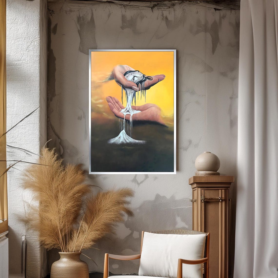 Surrealist Melting Clock Held by Two Hands on a Golden Sky Poster - Image 3