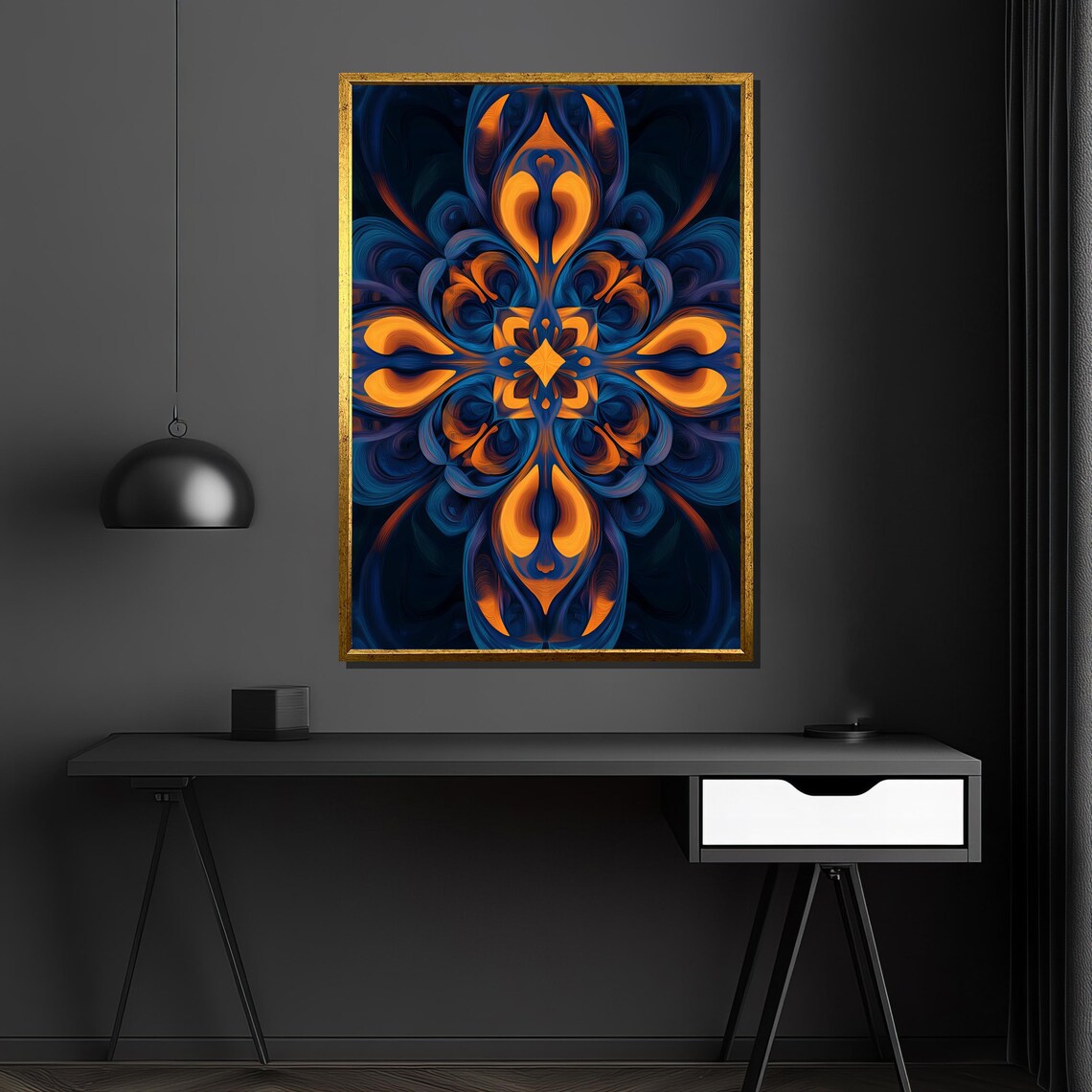 Blue and Orange Ornate Swirling Symmetry Kaleidoscope Poster - Image 4
