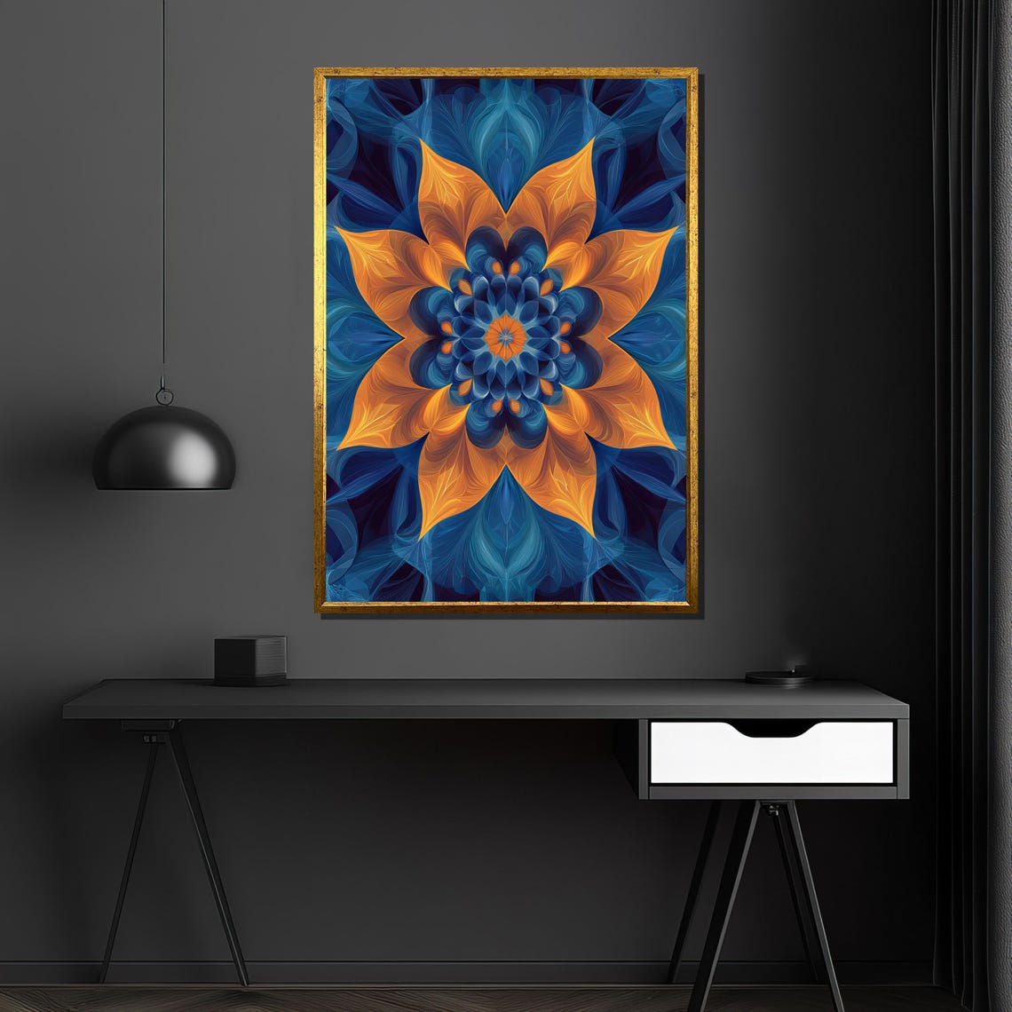 Glowing Orange Flower Mandala Blooming on a Deep Blue Poster - Image 4