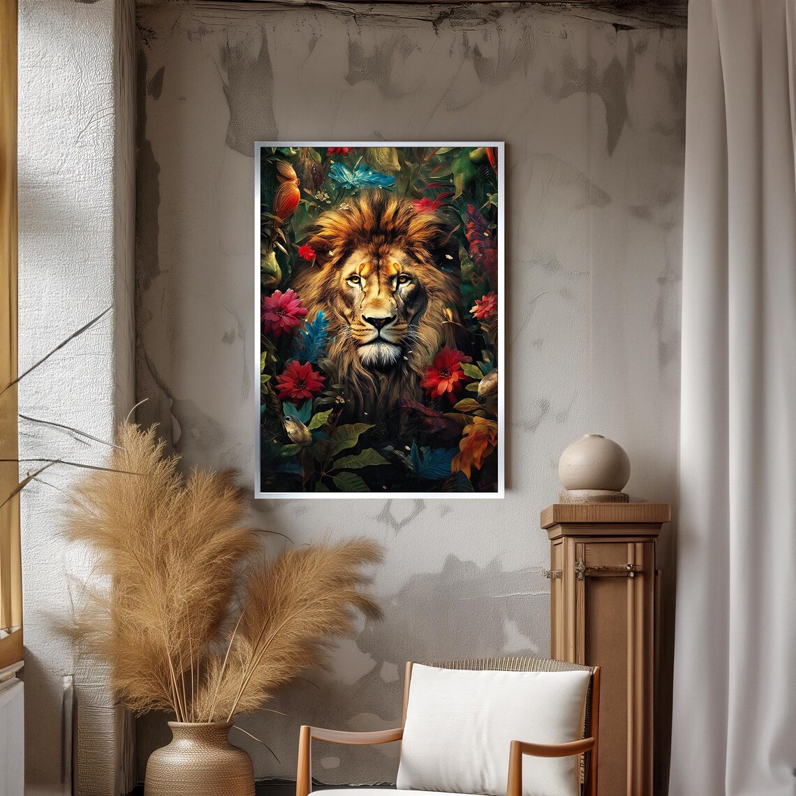 Majestic Lion Portrait Surrounded by Tropical Flowers Poster - Image 3