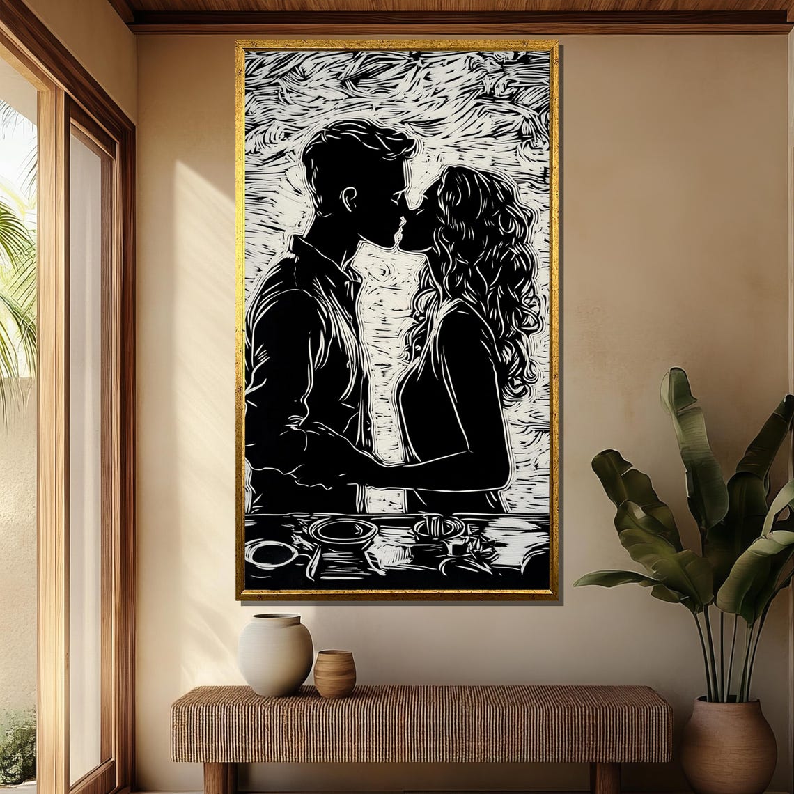 Kissing Couple Linocut Black and White Romantic Dinner Art Poster - Image 4