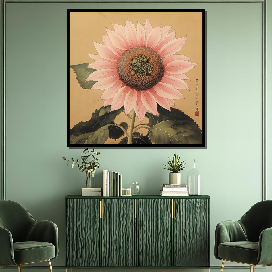 Pink Sunflower in Japanese Botanical Style Elegant Floral Poster - Image 3