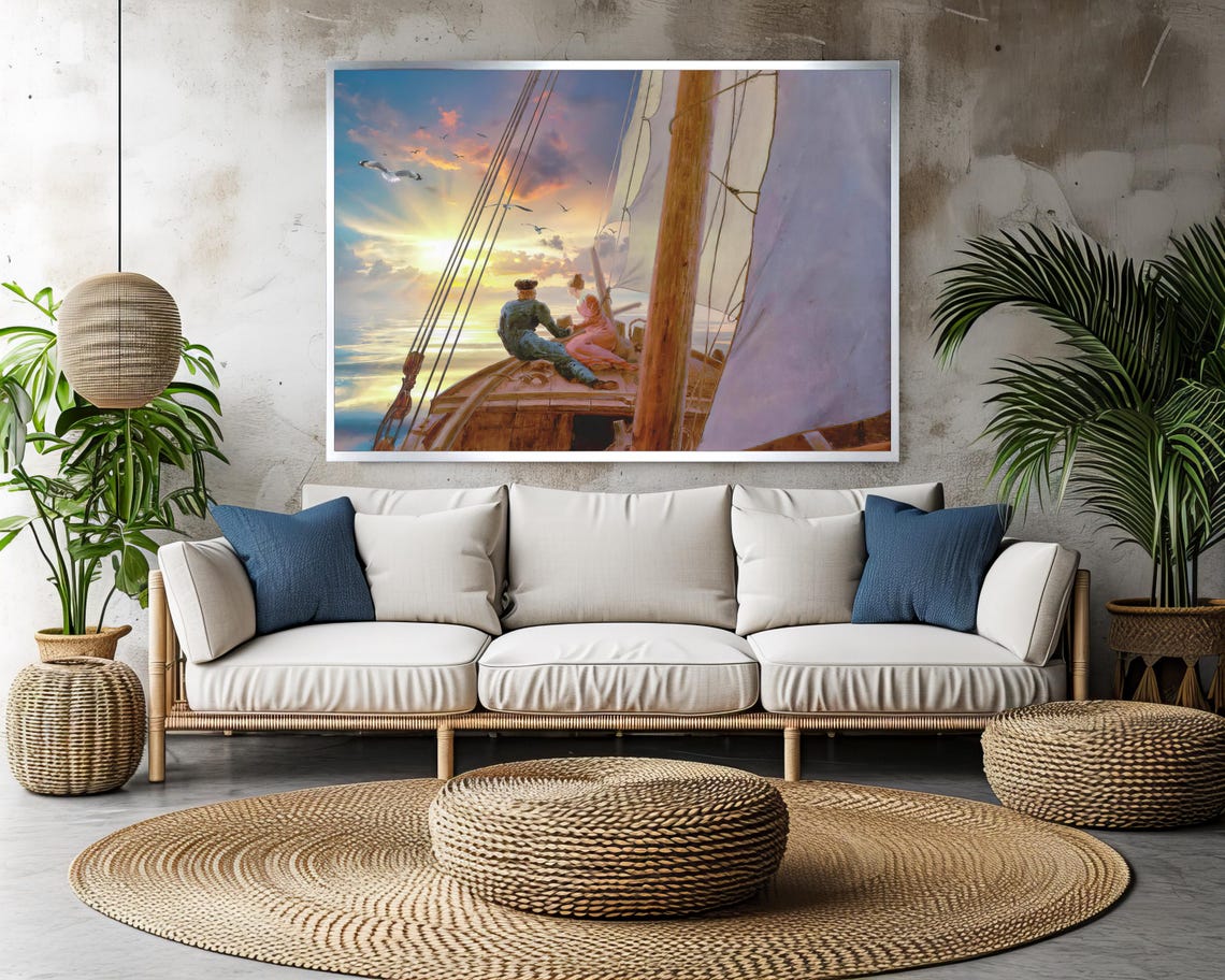 Sunset Sailboat Romance Couple Embracing on Open Sea Art Poster - Image 3
