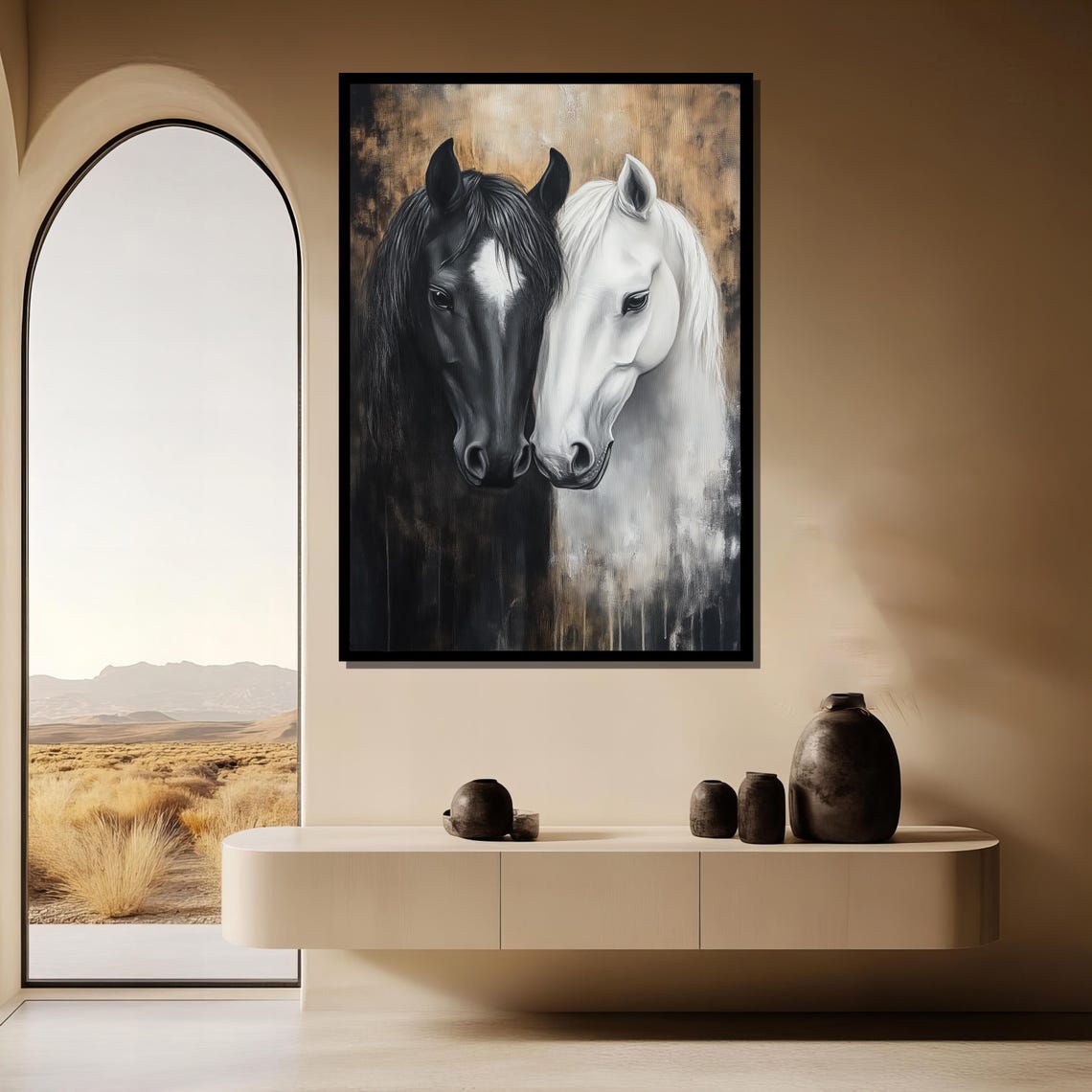 Black And White Horse Pair Elegant Equestrian Animal Painting Poster - Image 3