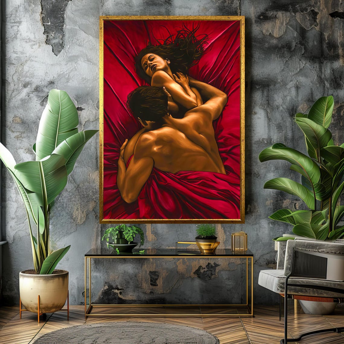 Passionate Lovers Embrace In Red Sheets Sensual Romance Poster - Image 4