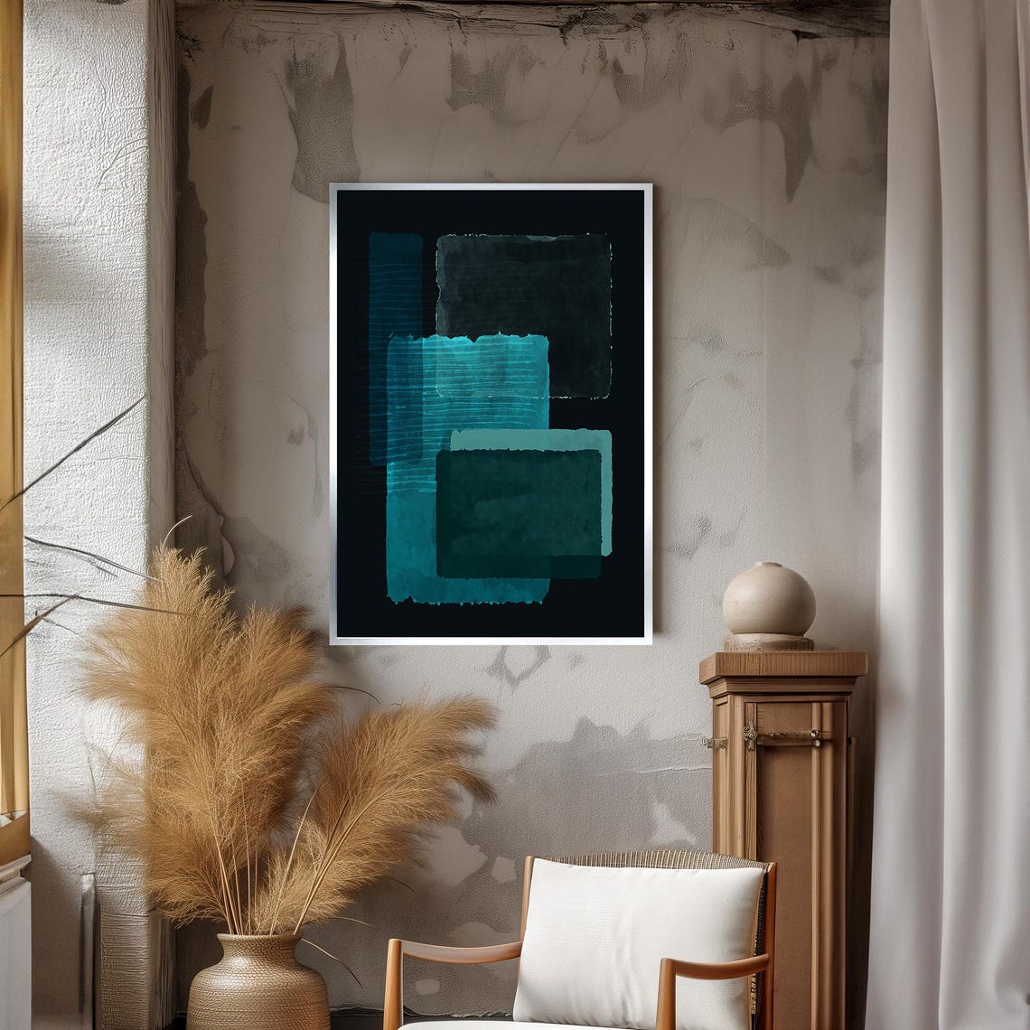 Mark Rothko Style Layered Teal Watercolor Blocks On Black Art Poster - Image 3