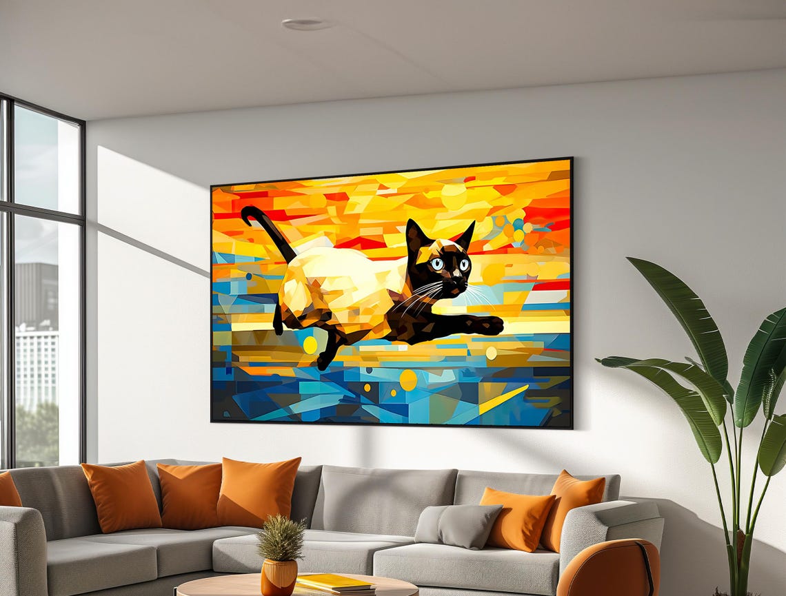 Geometric Siamese Cat Leaping Colorful Pop Art Feline Poster