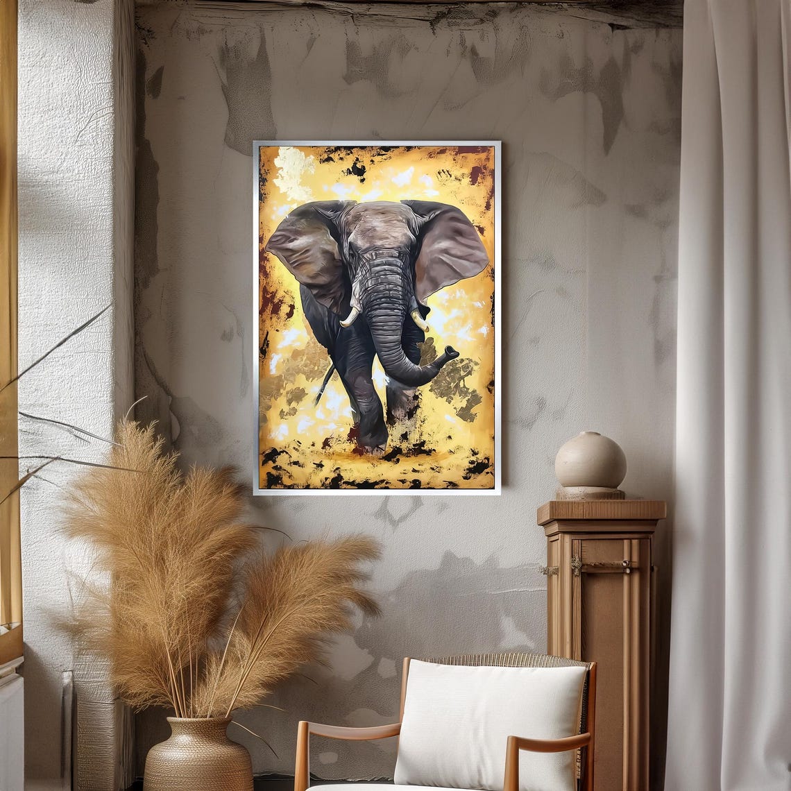 Charging African Elephant on a Golden Abstract Background Poster - Image 3