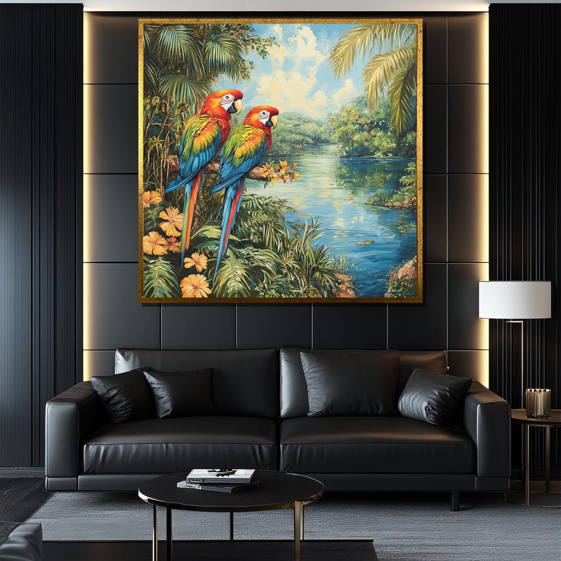Scarlet Macaw Parrots By Tropical River Jungle Scene Art Poster - Image 4