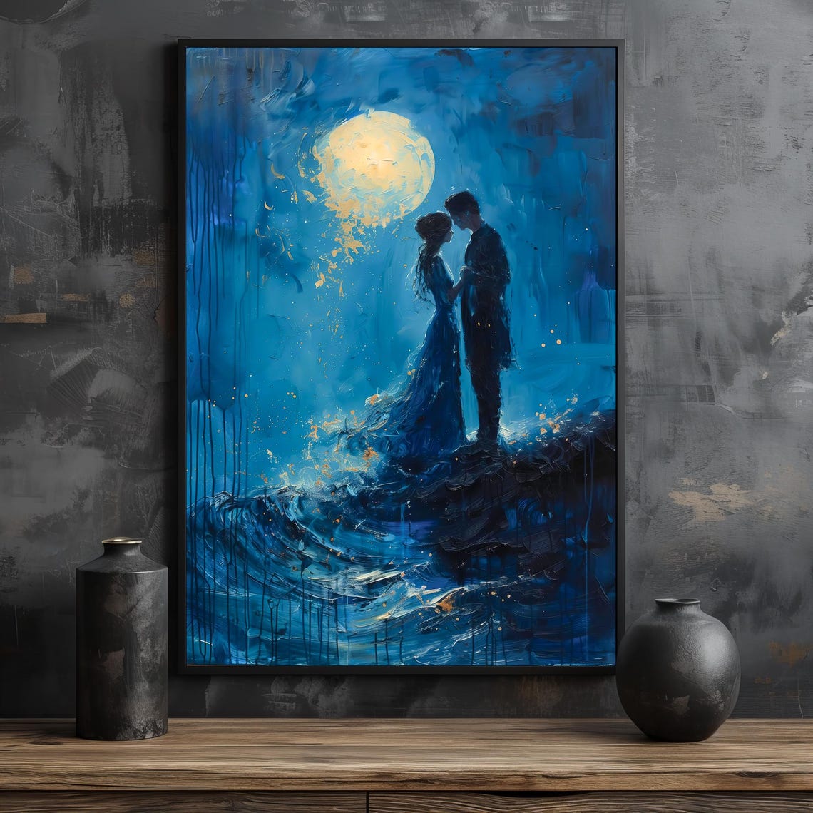 Moonlit Lovers By The Sea Romantic Blue Gold Silhouette Poster - Image 2