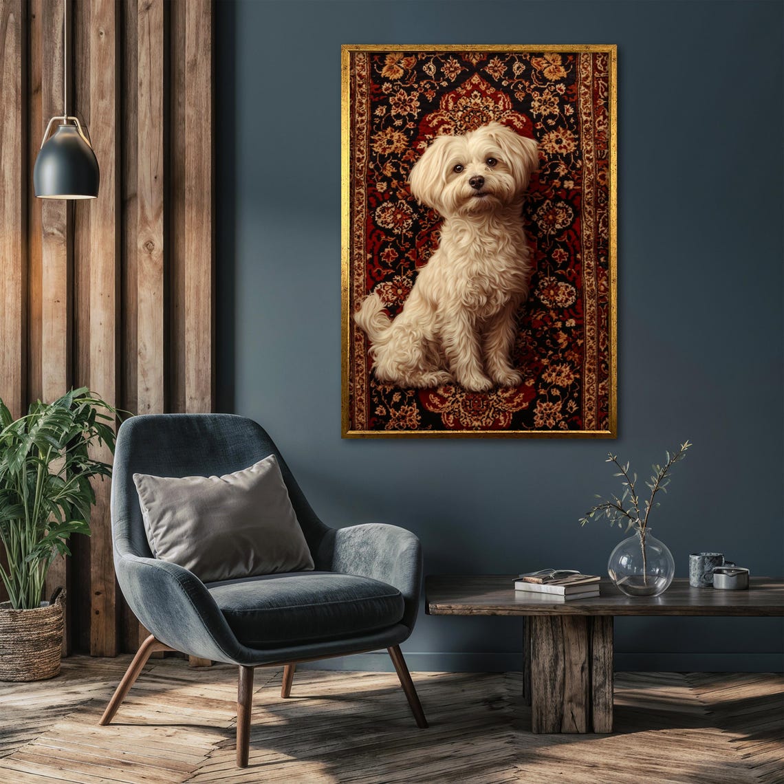 Fluffy White Dog Sitting Proudly on a Red Oriental Rug Poster - Image 4