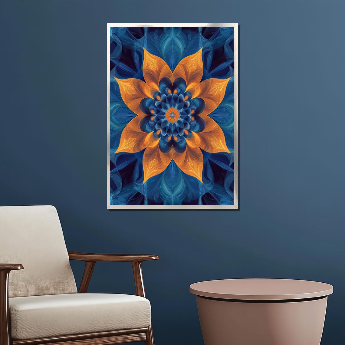 Glowing Orange Flower Mandala Blooming on a Deep Blue Poster - Image 2