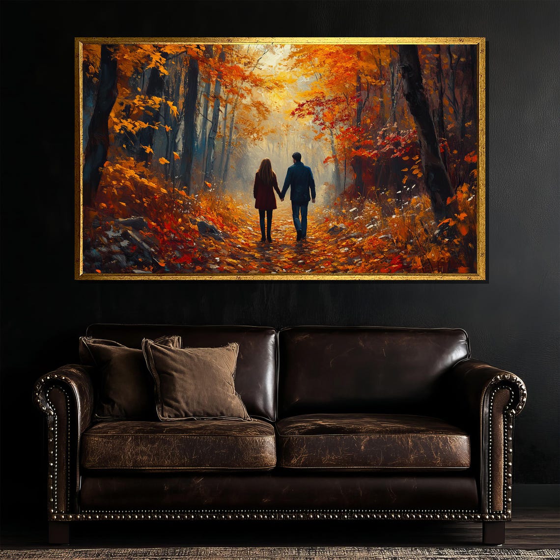 Couple Walking Golden Autumn Forest Path Fall Romance Art Poster
