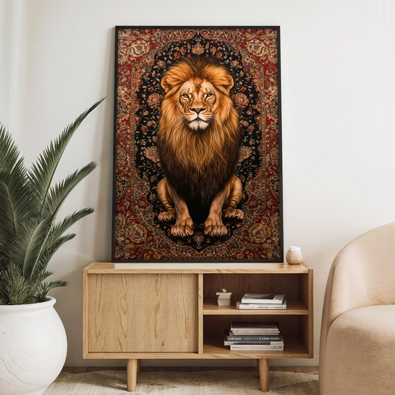 Majestic Lion Painting With Ornate Rug Design Bold Wildlife Wall Art Gift For Luxury Home Dcor And Animal Lovers