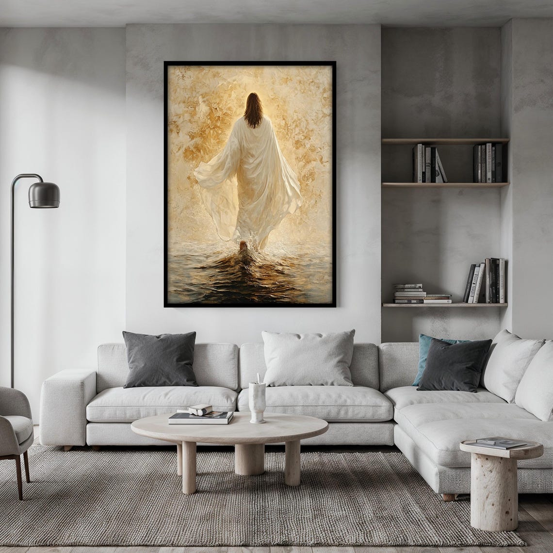 Jesus Walking on Water Seen from Behind in Warm Golden Light Poster - Image 2