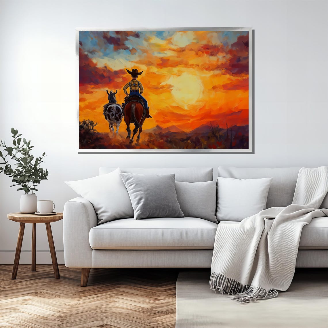 Cowboy on Horseback Riding Into Desert Sunset Western Art Poster - Image 2
