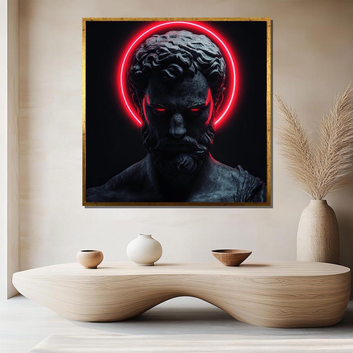 Neon Red Halo Zeus Bust Dark Greek Mythology Abstract Statement Poster