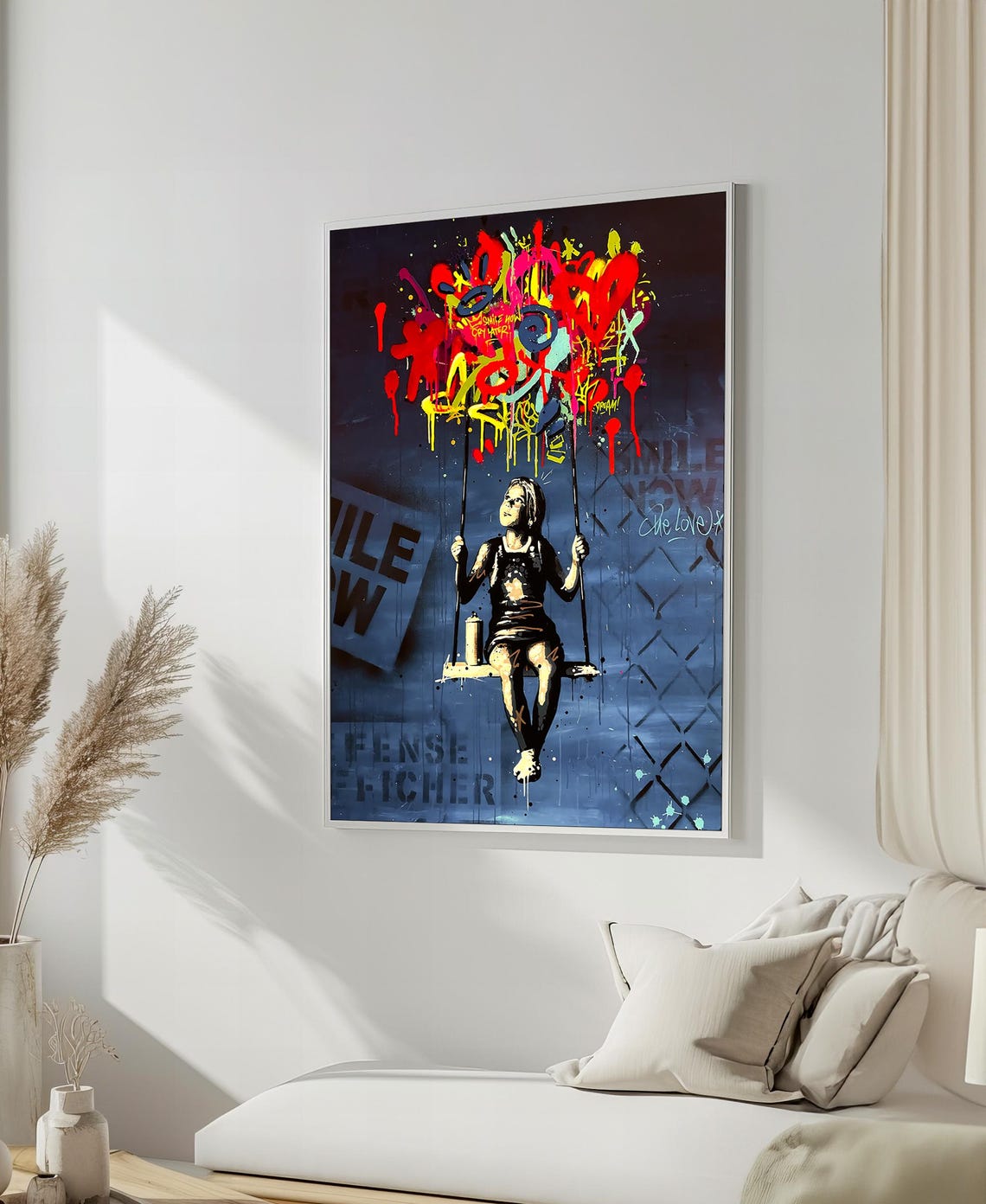 Stencil Graffiti Girl on Swing Urban Street Art Poster For Loft Decor