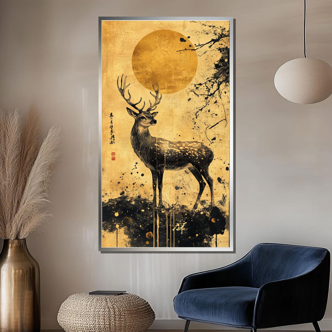 Golden Japanese Deer Beneath Full Moon Ink Wash Style Art Poster - Image 2