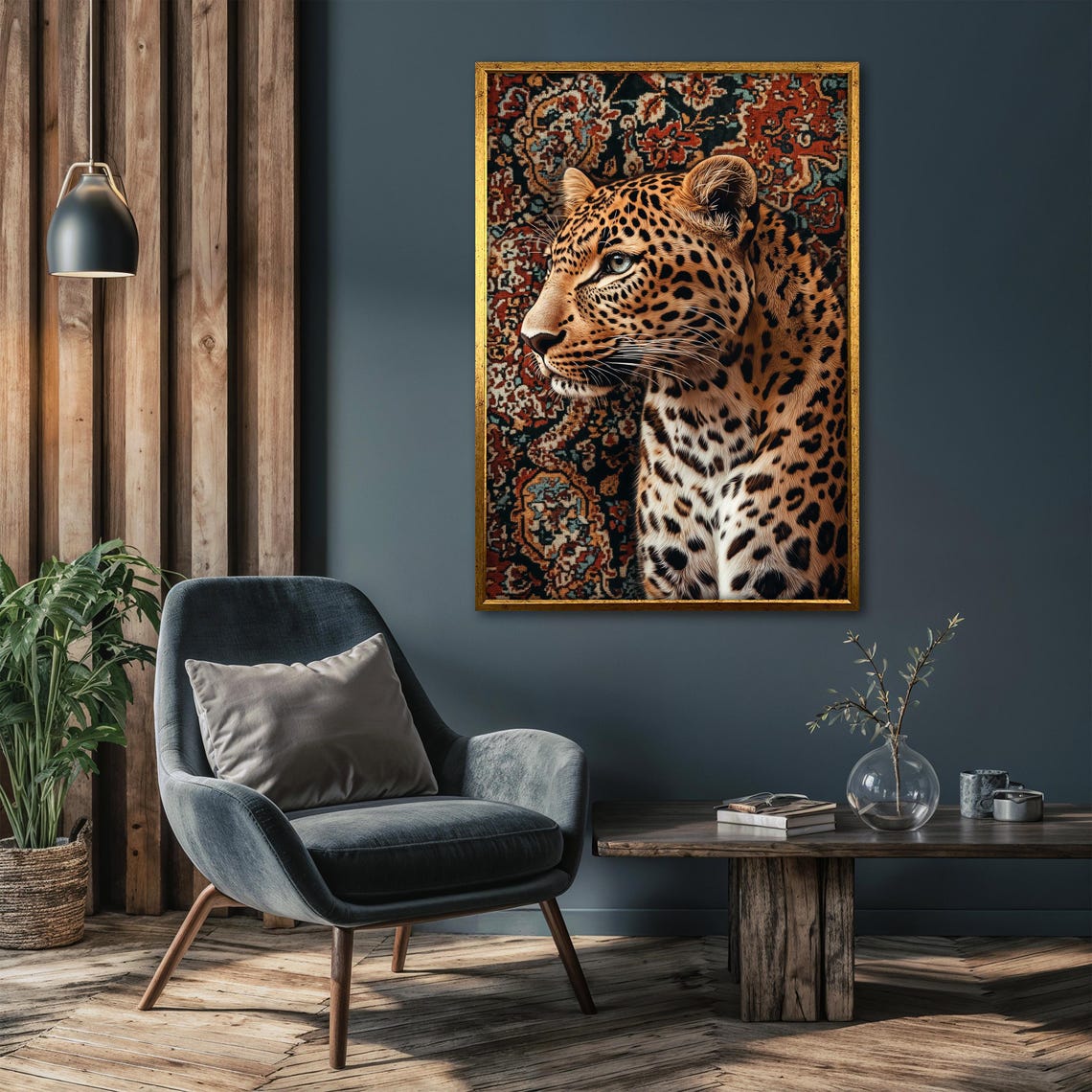Leopard Profile Portrait Set Against a Multicolor Ornate Rug Poster - Image 4