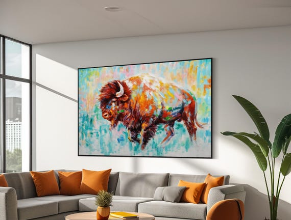 Vibrant Bison In Abstract Colors Painting Bold And Dynamic Animal Art Perfect For Contemporary Home Decor Gift