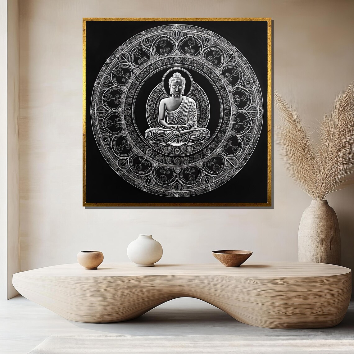 Buddha In Mandala White On Black Spiritual Meditation Decor Poster