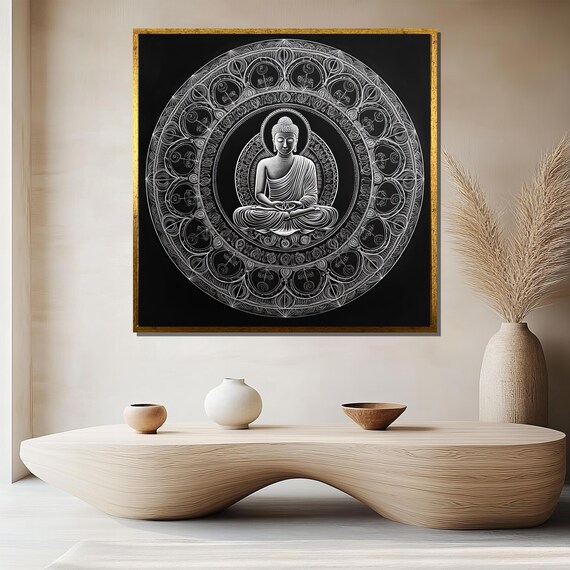 Buddha In Mandala White On Black Spiritual Meditation Decor Poster